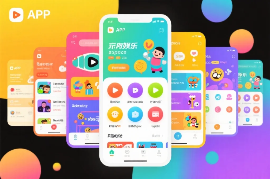 多彩的APP界面展示各类娱乐版块，如视频、小游戏和社交互动，画面明亮充满活力