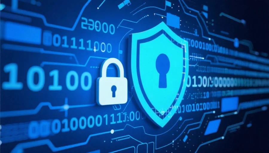 抽象风格的信息安全图像，展示数据加密的概念，有锁、盾牌和数字代码元素，色调蓝色，科技感强烈