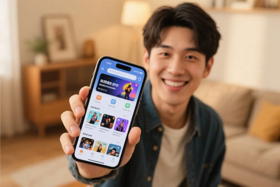 一位年轻人手持智能手机，表情愉快，屏幕上显示流畅运行的娱乐应用界面，背景为温馨家居环境