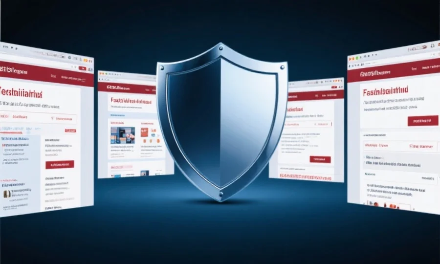 网络防护盾牌与多个虚假网站页面并列，突出安全与防伪理念